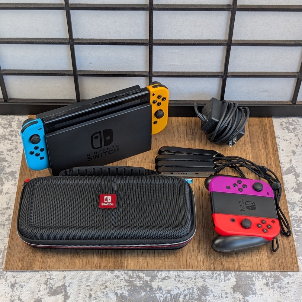 Nintendo Switch HAC-001 Bundle 4 Joy-Cons 128GB SD Card Dock Case Neon Colors